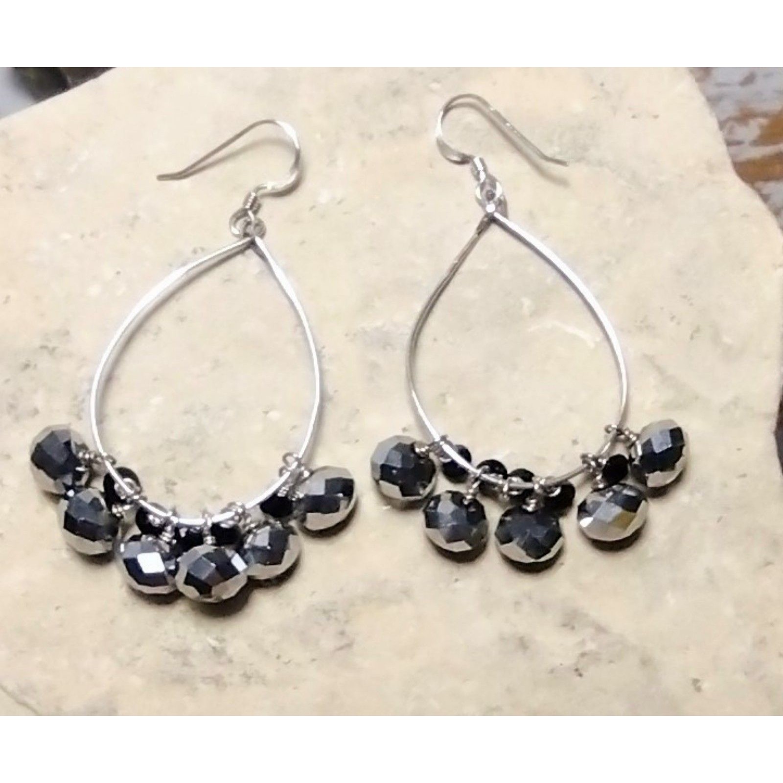 Sterling Silver Black Crystal Beaded Dangle Earrings